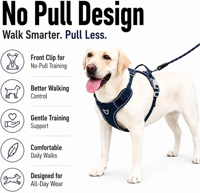No Pull Dog Harness with Hidden AirTag Holder, Reflective Adjustable Vest Harness, Easy On-Off Design, Soft Breathable Mesh for Small Medium Large Dogs (Navy Blue, M)