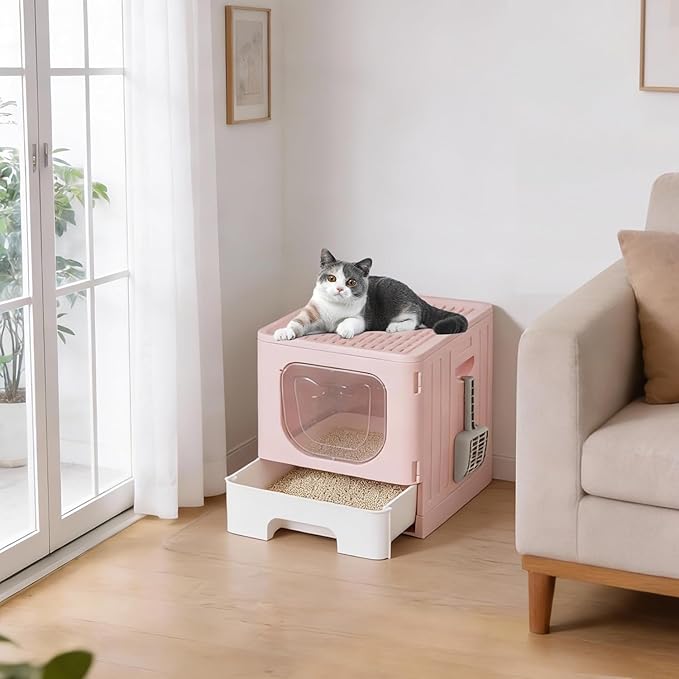 Cat Litter Box with Scoop, Large Foldable Litter Box with Lid & Drawer Tray, Top Entry Cat Litter Box, Odor Control, Easy to Clean for Small to Medium Cats (Pink, 19" L x 15.3" W x 15" H)