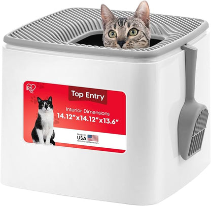 IRIS USA Top-Entry Litter Box with Scoop, Enclosed Square Style Litterbox with Odor Control, Easy to Clean for Cats, Covered Dog Proof Litter Box Design, White/Gray