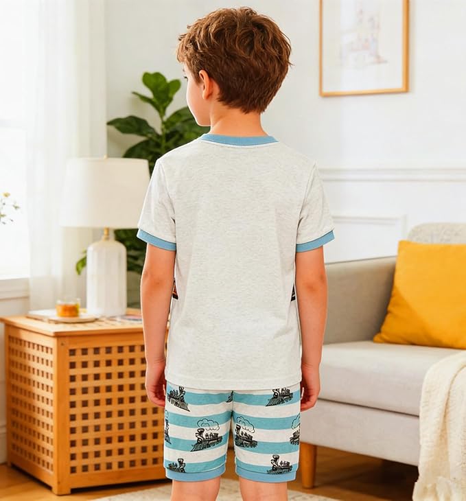 Popshion Boys Pajamas 100% Cotton Toddler Clothes Summer Pjs for Boy Planet Dinosaur Sleepwear Kids Short Sets 2-10 Years