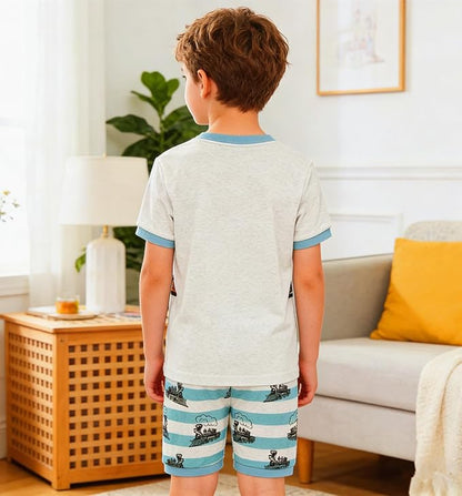 Popshion Boys Pajamas 100% Cotton Toddler Clothes Summer Pjs for Boy Planet Dinosaur Sleepwear Kids Short Sets 2-10 Years