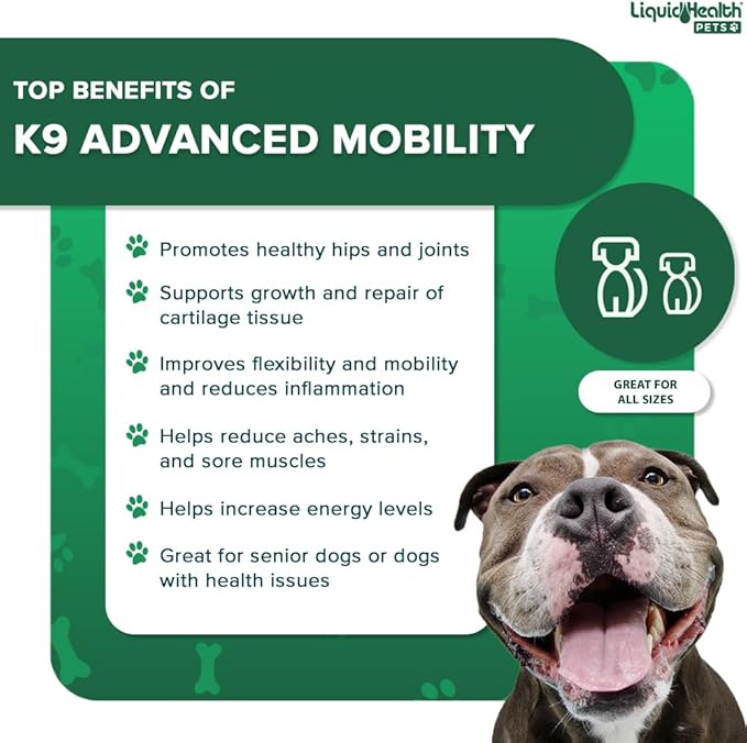 LIQUIDHEALTH Pets K9 Advanced Mobility Liquid Glucosamine Level 5000 for Large Dogs with Chondroitin, MSM, Boswellia Serrata - Dog Hip & Joint Health Vitamins, Pet Joint Oil Juice - USA Made (32 oz)