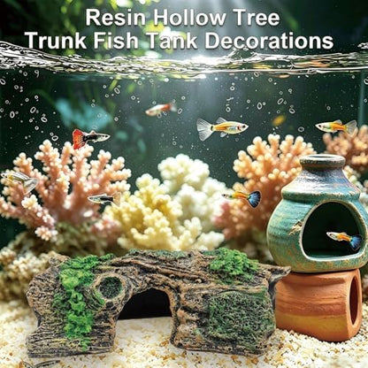 Resin Hollow Tree Trunk Fish Tank Decorations Bettas House Cave