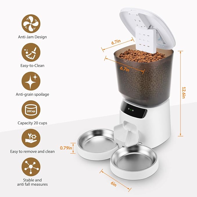 Automatic Cat Feeders WiFi for Two Cats, 5L/20 Cups Double Automatic Cat Food Dispenser with APP Control, 2 Stainless Bowls, Timer Setting 20 Portions 10 Meals Per Day