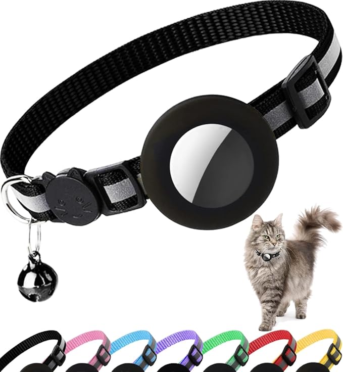 Airtag Cat Collar Breakaway, Cat Collar with Air Tag Holder(Black) | Safety Breakaway Buckle,Reflective Strip,Lightweight,Bell,0.4 Inches in Width,Adjustable Size to Fit Different Cats kitten
