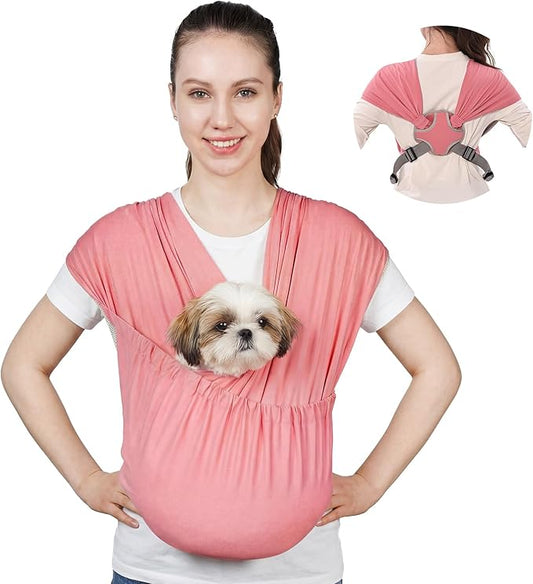 Supet Dog Sling Carrier for Small Pets, Hands Free Cat Sling, Reducing Back Neck Pain Anti-Anxiety Puppy Front, Adjustable Soft Dog Carrying (Pink, Plus 7-15 Lbs)