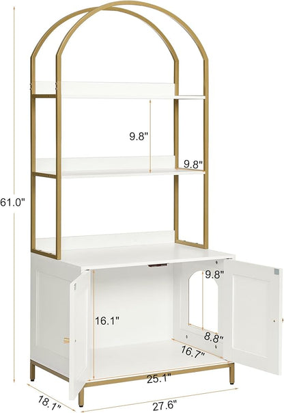 Homhedy Cat Litter Box Enclosure, Litter Box Furniture Hidden with 2-Tier Storage Shelves, Wooden Cat Washroom Furniture with Metal Frame, Modern Style, White and Gold
