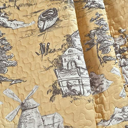 Lush Decor French Country Toile Reversible Cotton Throw Blanket Single 50" W x 60" Yellow & Gray - Yellow Blankets for Bed - Vintage Couch Blanket