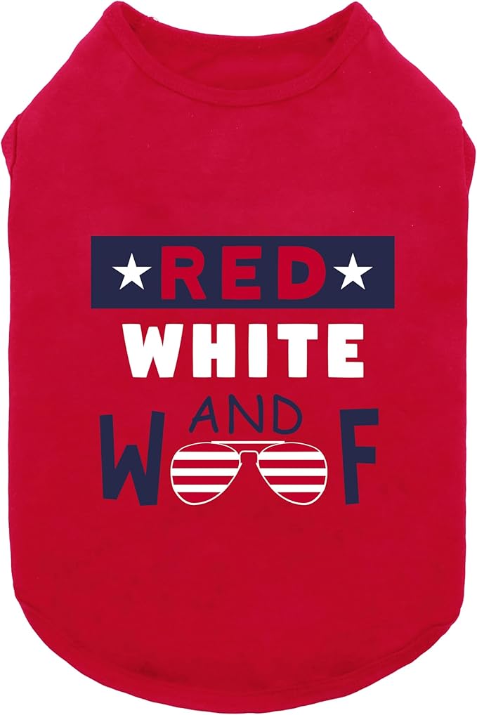 Fitwarm Patriotic Red White and Woof Dog Shirt, 4th of July Dog Clothes for Small Dogs Boy Girl, Funny Doggy Summer Clothes, Pet Outfit, Red, Blue, White, Large