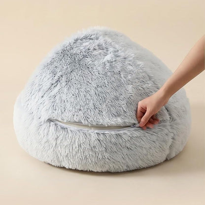 2-in-1 Convertible Cat & Dog Bed Cave with Removable Zipper Hood, Converts to Calming Donut Bed, Reversible Plush & Cooling Ice Silk Cushion (Grey, 19.7 in Small Size)