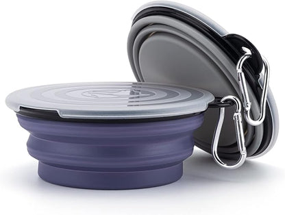 SLSON Dog Bowls Pet Collapsible Bowl with Cover Lids,2 Pack Dog Travel Bowls Portable Foldable Cat Water Dish Bowl for Pets Walking Parking Camping (Taro Purple and Concrete Gray, Small)