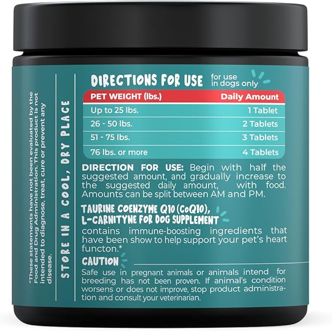 Taurine Supplement for Dogs with L-Carnitine and Coenzyme Q10 (CoQ10): Vet Endorsed for Enlarged Heart (DCM), Congestive Heart Failure, Taurine Deficiency: 3-in-1 | Dog Supplements- 120ct