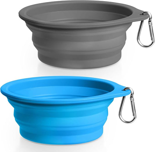 Rest-Eazzzy 2-Pack Silicone Collapsible Dog Bowls, BPA Free Dishwasher Safe, Portable Foldable Travel Bowl, Food Water Feeding Cup Dish for Dogs Cats with 2 Carabiners (Grey, Blue, 600 ML)