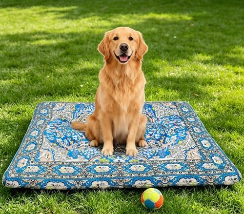 Washable Dog Crate Bed, Pet Cushions, Ultra Soft & Anti-Slip Crate Pad, Cozy Kennel Mat for Large/Medium/Small Dogs, Plush & Bohemian Dog Bed (Blue, 34.0" L x 22.0" W x 2.3" H)
