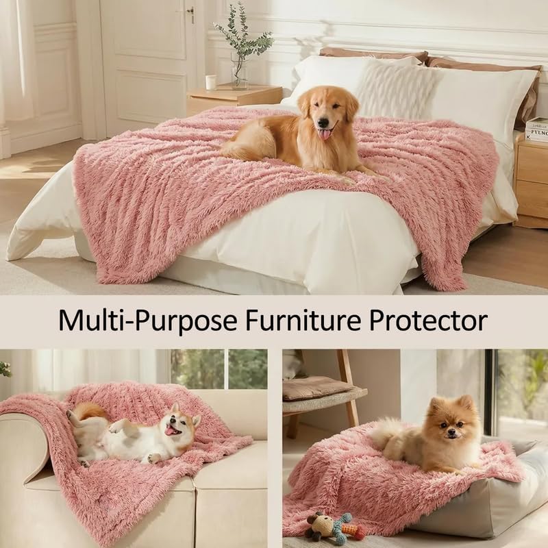 Waterproof Dog Blanket Pet Throw Blankets Fluffy Long Faux Fur Reversible Puppy Blankets 85x57in Furniture Protector Cover for Sofa Bed Couch Bed Cover Washable for Dogs Cats (Pink XL)