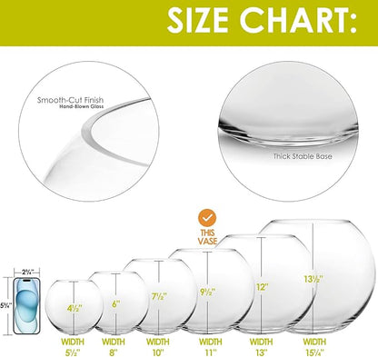 CYS EXCEL Large Glass Bubble Bowl (H-9.5" W-11", Approx. 3 Gal.) | Multiple Size Choices Fish Bowl Vase | Glass Round Bowl Terrarium | Globe Flower Vase Centerpiece