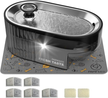Cat Water Fountain Stainless Steel with a Silicone Mat, 84oz/2.5L Automatic Cat Water Fountain with Water Level Window and LED Light, Quiet Low Power Cat Water Bowl & Cat Water Dispenser(Black)
