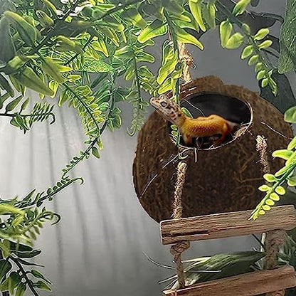 6PCS Crested Gecko Coconut Hut, Lizard Coco Den with Ladder and Reptile Hammock Bearded Dragon Tank Accessories Climbing Hanging Plants Jungle Vine Flexible Reptile Leaves Decor