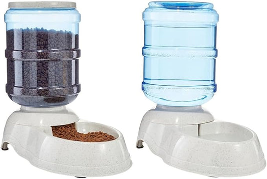 Amazon Basics Large Capacity Automatic Pet Water Dispenser and Gravity Feeder Set, Easy to Clean, 456.6fl.oz Food, 382.1fl.oz Water, Gray