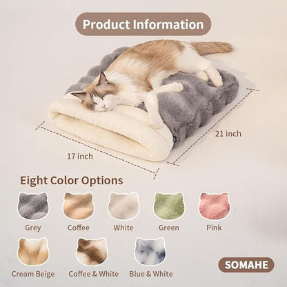 Self-Warming Cat Sleeping Bag, Enclosed Hooded Snuggle Sack with Dual-Side Plush Cat Cave Bed, Portable Foldable Pet Sleeping Pod for Indoor & Travel, Anti-Static, 21.7"x17.7"Grey