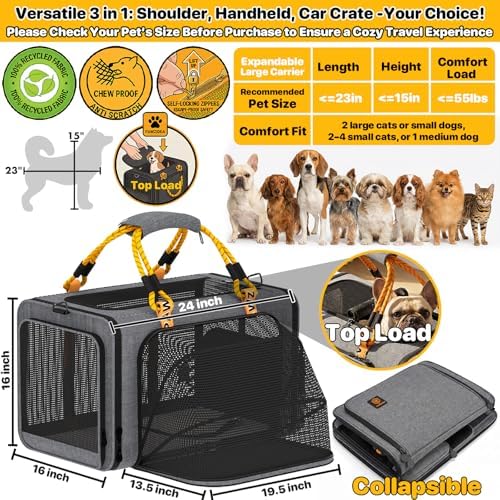 PAWZIDEA Expandable Large Pet Carrier, Soft-Sided 2–4 Cats Carrier Up 55lbs