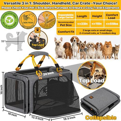 PAWZIDEA Expandable Large Pet Carrier, Soft-Sided 2–4 Cats Carrier Up 55lbs