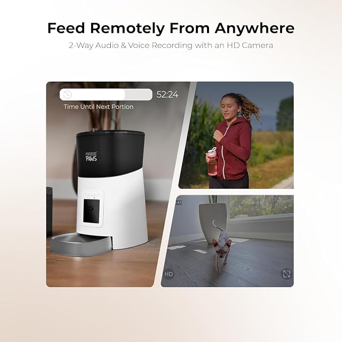 Smart HD Pet Feeder, 6L Dry Food Capacity, 1080p Camera, 2-Way Audio, Scheduled Meals, Backup Power, Easy to Clean, Anti-Jam Design for Cat & Dog, White/Stainless Steel