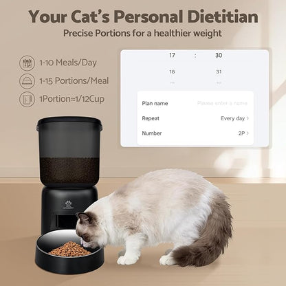 Automatic Cat Feeder, 5G WiFi Auto Cat Food Dispenser with Desiccant Bag, 5L Timed Pet Feeder with Free APP Service, Adjustable Portions Down to 1/12 Cup, Up to 10 Meals Per Day, Dual Power Supply