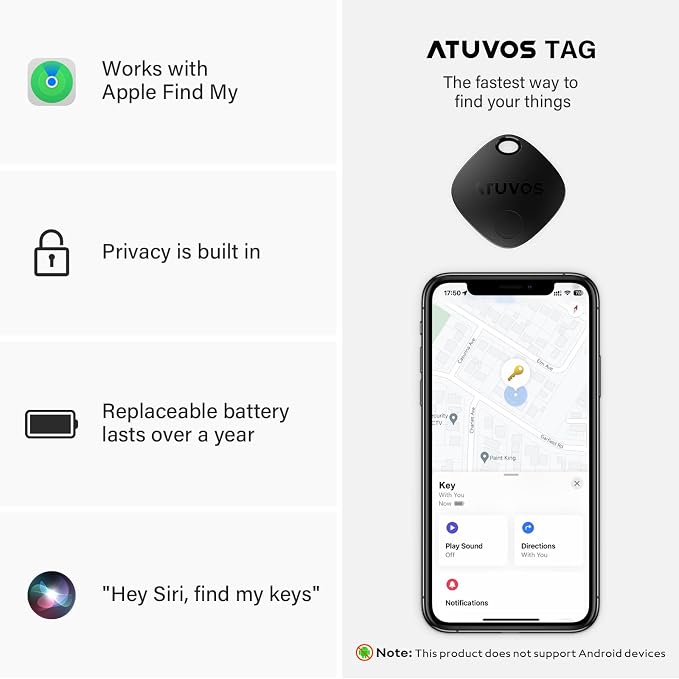 ATUVOS Air Tracker Tags-2 Pack, Bluetooth Luggage Tracker Works with Apple Find My APP (iOS Only, Not for Android), Keys Finder and Item Locator for Luggage, Backpack, Suitcases, Replaceable Battery