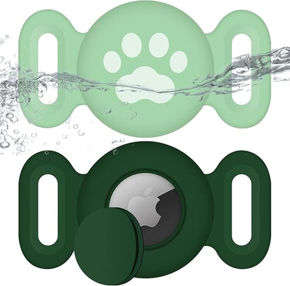 Waterproof Collar Holder Compatible with Airtag (2 Pack), Protective Anti-Lost Case for GPS Tracker, Silicone Collar Holder for Pets (Dark Green/Matcha)