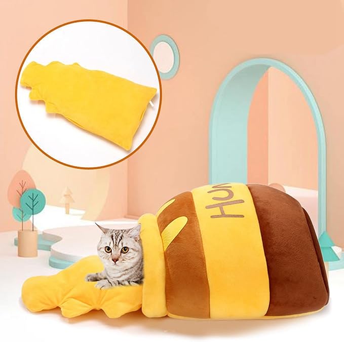 Tyenaza Cat Cave Bed, Warm Soft Removable Cushion Honey Pot Shape Cute Pet Bed House for Puppy