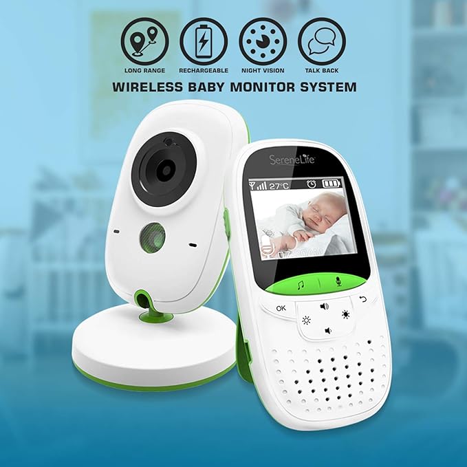 SereneLife USA Video Baby Monitor - Upgraded 850’ Wireless Long Range Camera, Night Vision, Temperature Monitoring and Portable 2” Color Screen with Clip - SLBCAM10.5, Green