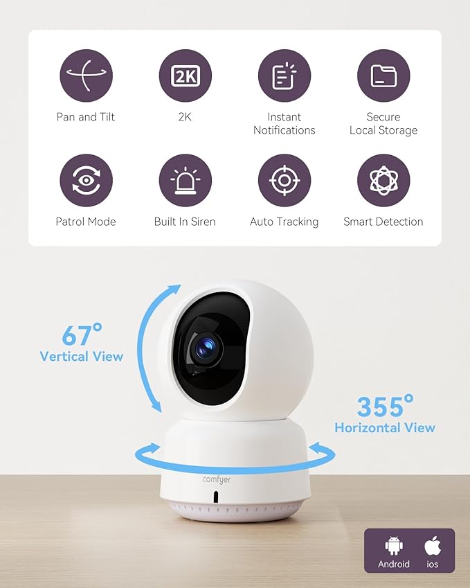 Comfyer Baby/Pet Monitor for Indoor Security, Monitoring with Smart Phone app, 2K QHD Resolution, Auto Tracking/Motion Dection, 2-Way Audio Talk, Night Vision, Pan-Tilt Camera