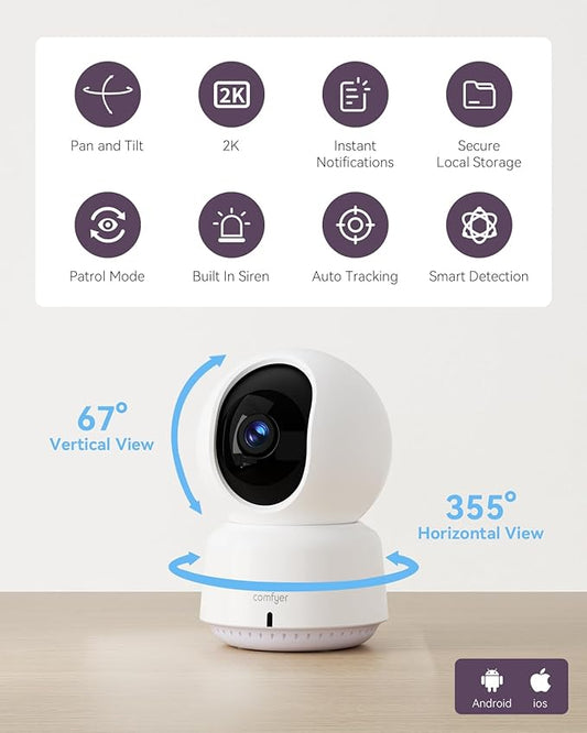 Comfyer Baby/Pet Monitor for Indoor Security, Monitoring with Smart Phone app, 2K QHD Resolution, Auto Tracking/Motion Dection, 2-Way Audio Talk, Night Vision, Pan-Tilt Camera
