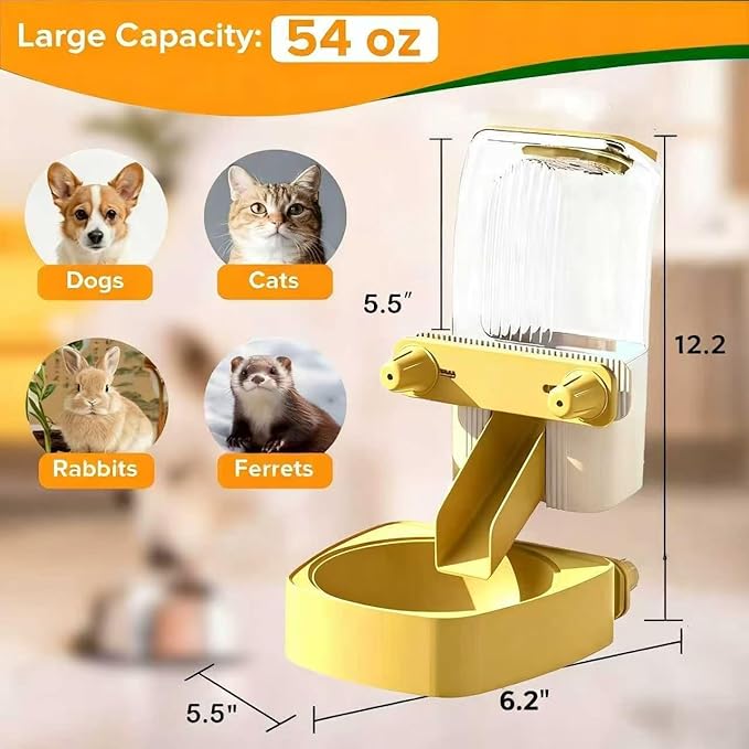 54 oz Pet Food Dispenser, Gravity Feeder Bowl for Cage, Auto Feeder for Ferret, Cat, Dog and Other Small & Medium Animals, Compatible with Widemouth Cages(Yellow)