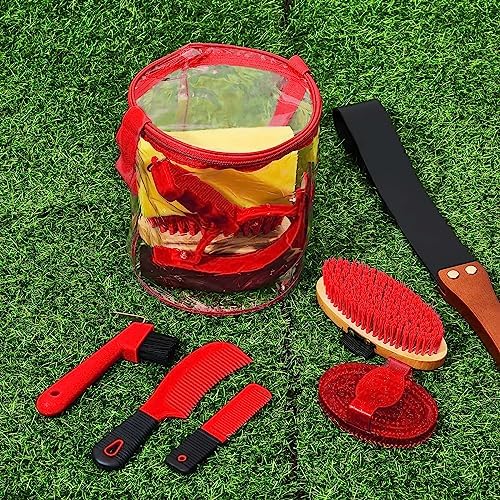 Cunhill 9 Pcs Horse Grooming Kit Tack Room Supplies, Cute, Red