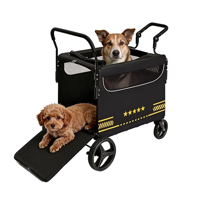 Extra Large Pet Stroller with Ramp, Dog Stroller for Large & Medium Dogs up to 180lbs, Foldable Dog Wagon with Dual Handle & Brake, Portable Puppy Travel Strollers for Cats & Dogs