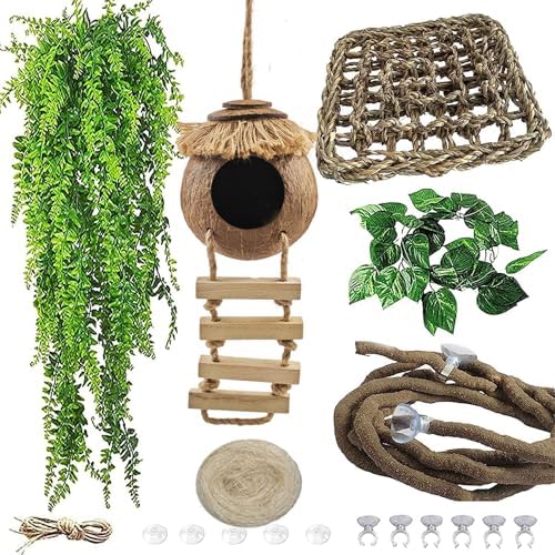 Gecko Tank Accessories,Grested Gecko Coconut Hideout Hut with Ladder Reptile Hanging Plants Climbing Bearded Dragon Hammock Flexible Jungle Vine Leaves Terrarium Decor