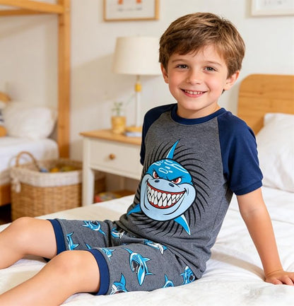 Popshion Boys Pajamas 100% Cotton Toddler Clothes Summer Pjs for Boy Planet Dinosaur Sleepwear Kids Short Sets 2-10 Years