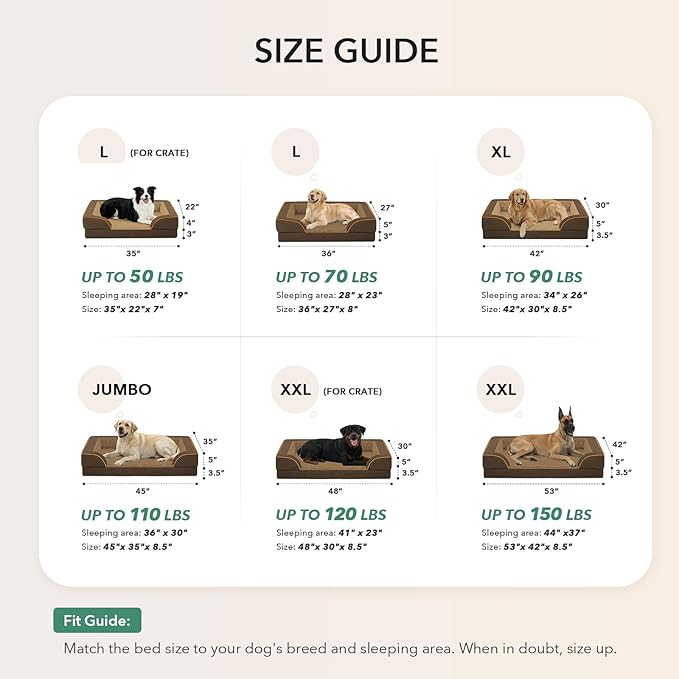 Orthopedic XL Dog Beds, Waterproof Memory Foam Big Pet Bed for Extra Large Sized Dogs 45x35Inch, Non-Slip Bottom and Egg-Crate Foam Dog Couch Bed with Washable Removable Cover, Brown