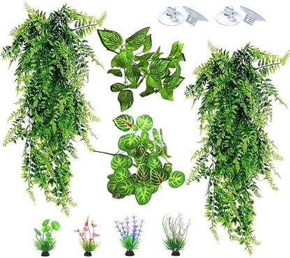 Reptile Plants for Terrarium Tank – Bearded Dragon Tank Accessories, Artificial Hanging Plant Vines, Habitat Decor & Hide for Crested Gecko, Lizard, Snake, Chameleon and Ball Pythons (Group A)