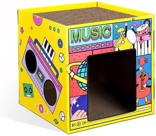 Cardboard Cat House,Scrathing Bed for Cats,Eco-Friendly Pet Furniture,Modern Cat Bed,Hiding Box (Yellow, Large)