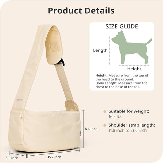 ONECUTE Dog Sling Carrier for Small Dogs and Cats, Lightweight Collapsible Pet Travel Bag with Adjustable Strap, Side Pockets & Breathable Mesh (Beige, 15.7" L x 5.9" W x 8.6" H)