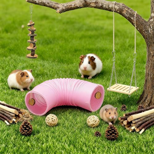 Guinea Pig Toys Kit with Pink Hamster Fun Plastic Tunnel Small Animals Chew Toys with Natural Timothy Hay Chips, 30 Pcs Hamster Cage Accessories for Gerbils, Rats, Mice, Ferrets (Pink)