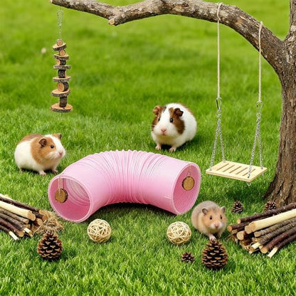Guinea Pig Toys Kit with Pink Hamster Fun Plastic Tunnel Small Animals Chew Toys with Natural Timothy Hay Chips, 30 Pcs Hamster Cage Accessories for Gerbils, Rats, Mice, Ferrets (Pink)