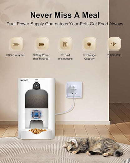 SANSCO Automatic Cat Feeder with Camera: Automatic Dog Feeder, 2K 3MP Video Recording Timed 2.4 & 5GHz WiFi App Control Pet Feeder Dispenser for Cat Dog, Rotates Up and Down, 4L
