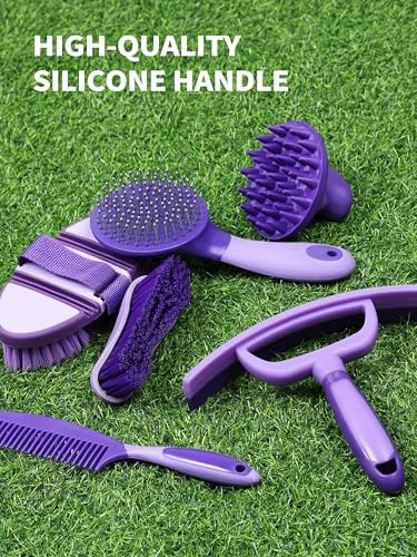 Harrison Howard Horse Grooming Kit 9 Piece with Tote Bag, Non-Slip Horse Brush Set for Shedding, Bathing, Hoof Care, Mane & Tail Grooming, Equine Grooming Supplies Purple