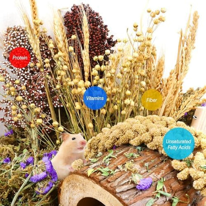 Natural Hamster Bedding, Hamster Herbs Flowers for Hamster Cage Enclosure Habitat Decor Hamster Sprays for Dwarf Syrian Guinea Hamsters Gerbil Degus or Other Small Animals（Grain Version）