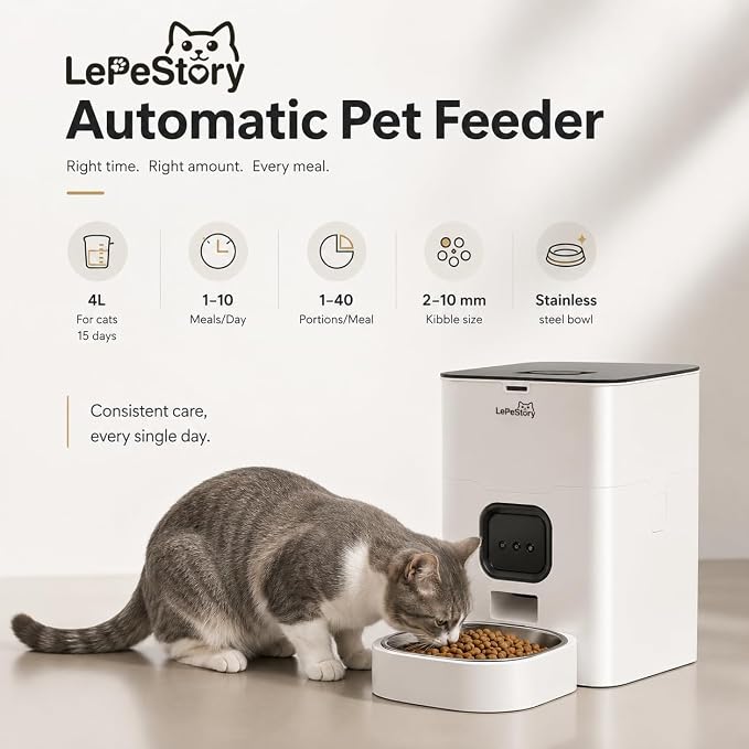 Smart Automatic Cat Feeder with App Control, 4L Timed Dry Food Dispenser, Up to 10 Meals per Day, 10-Second Voice Recorder, Dual Power Supply, for Cats & Small Dogs