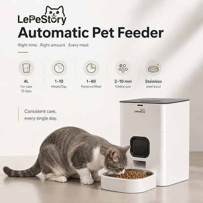Smart Automatic Cat Feeder with App Control, 4L Timed Dry Food Dispenser, Up to 10 Meals per Day, 10-Second Voice Recorder, Dual Power Supply, for Cats & Small Dogs